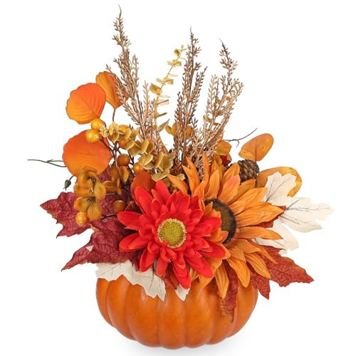 Arborus Artificial Pumpkin Fall Décor - Autumn Table Centerpieces with Red Faux Flowers, Maple Leaves, Sunflowers, Pumpkin – Halloween, Thanksgiving & Harvest Home Decoration | Amazon (US)
