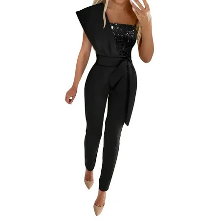 KI-8jcuD One Piece Womens Jumpsuit Womens Fashion Splicing Solid Color Slim Sleeveless Belt Decorati | Walmart (US)