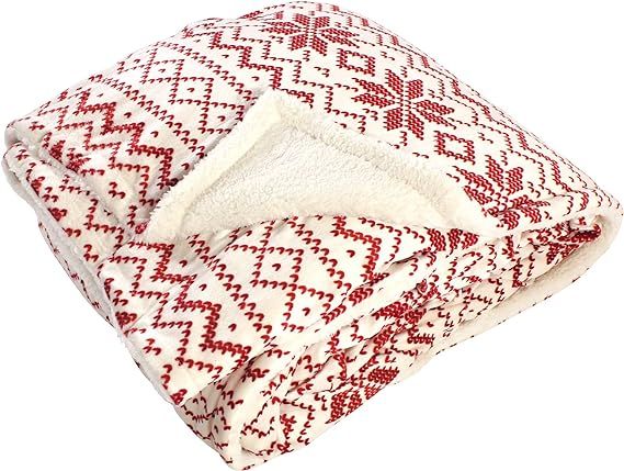 Hudson Home Collection Men and Women Mink Blanket with Sherpa Back, Red Fair Isle Sherpa, 50X60 I... | Amazon (US)