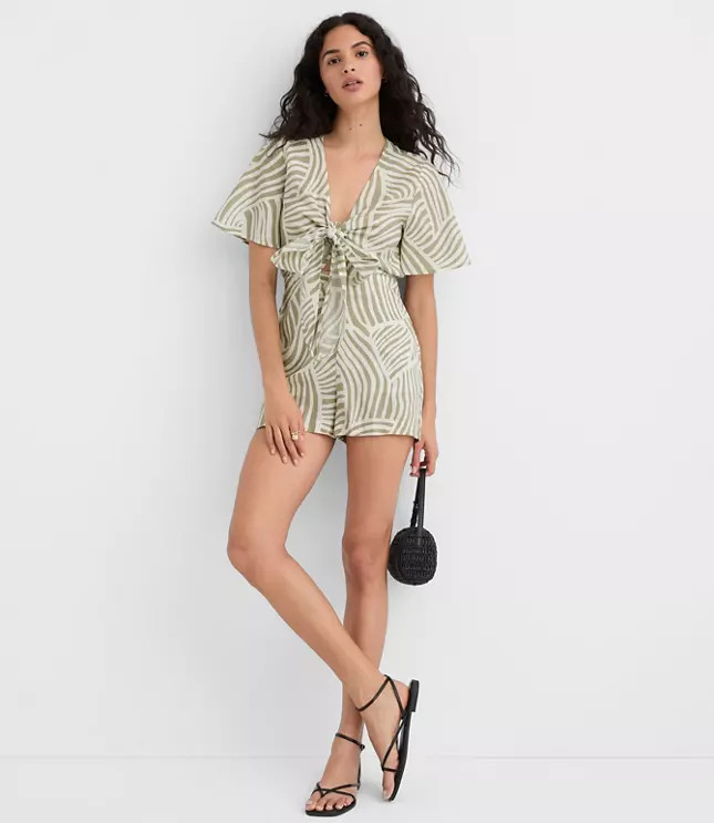 LOFT Beach Wave Tie Front Linen Cotton Romper | LOFT