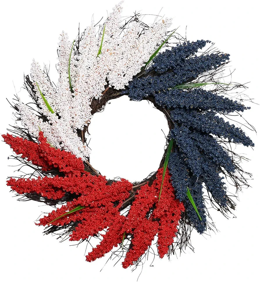 15.7 in Patriotic Wreath for Front Door, 4th of July Garland with Red Blue and White Flowers Leav... | Amazon (US)