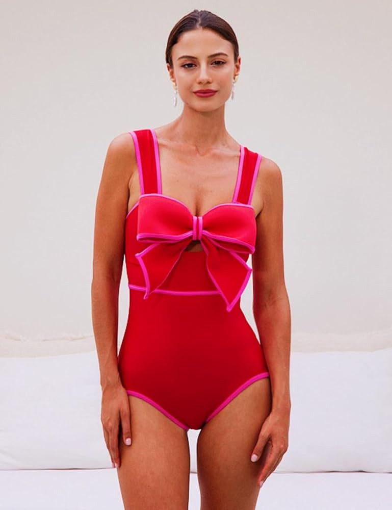 FLAXMAKER Bow Front Cut Out Color Block One Piece Swimsuit and Skirt | Amazon (US)