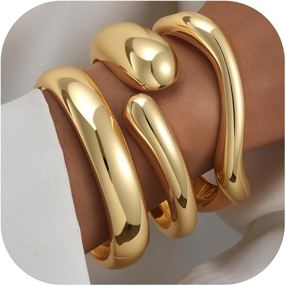 iF YOU Chunky Gold Bangle Bracelets for Women, 14k Gold Plated Multi Big Layer Stackable Cuff Bra... | Amazon (US)