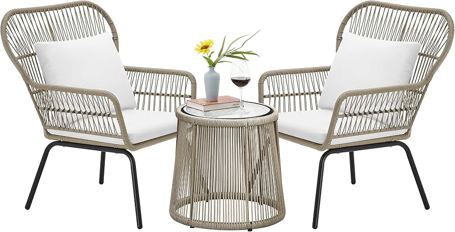 Yaheetech 3 Pieces Patio Bistro Set, Outdoor Furniture Set PE Rattan Wide Chairs and Glass Top Si... | Amazon (US)