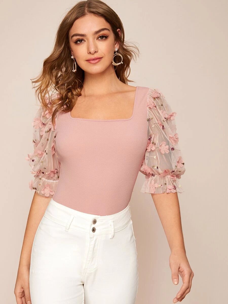 SHEIN Square Neck Appliques Mesh Sleeve Top | SHEIN