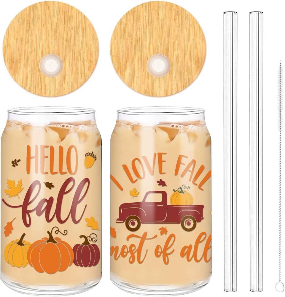 Whaline 2 Pack Hello Fall Drinking Glasses 16oz Pumpkin Car Glass Cup Fall Harvest Iced Coffee Cu... | Amazon (US)