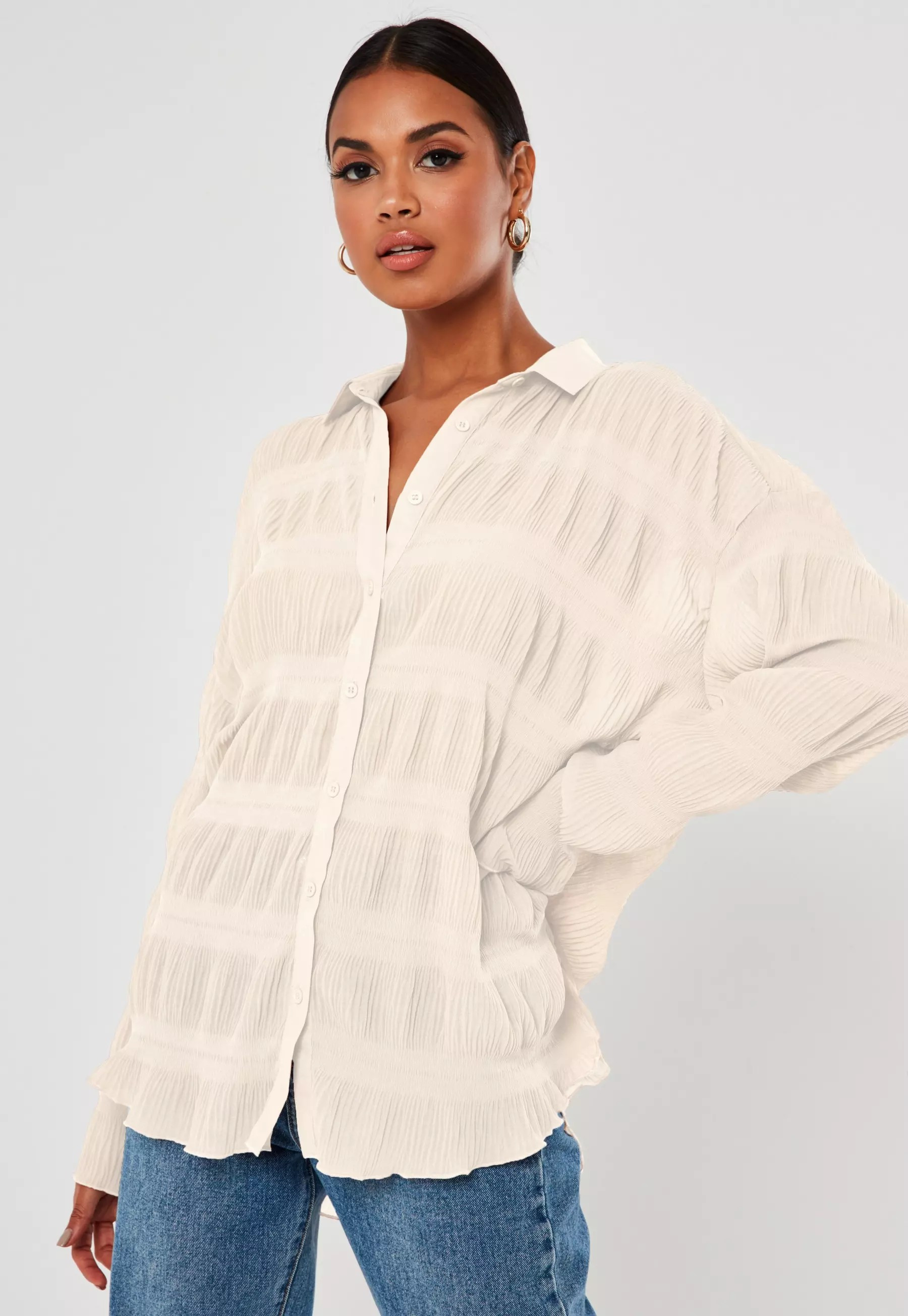 Missguided - Cream Sheer Crinkle Extreme Oversized Shirt | Missguided (US & CA)