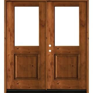 72 in. x 80 in. Rustic Knotty Alder Wood Clear Half-Lite Red Chestnut Stain Right Active Double P... | The Home Depot