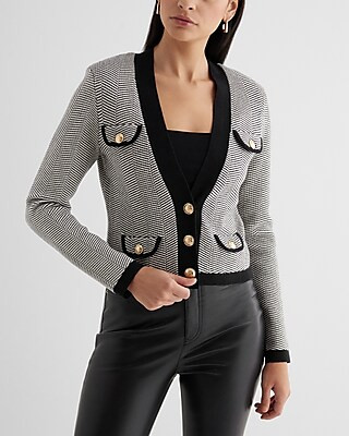 Tipped Striped Novelty Button Sweater Jacket | Express