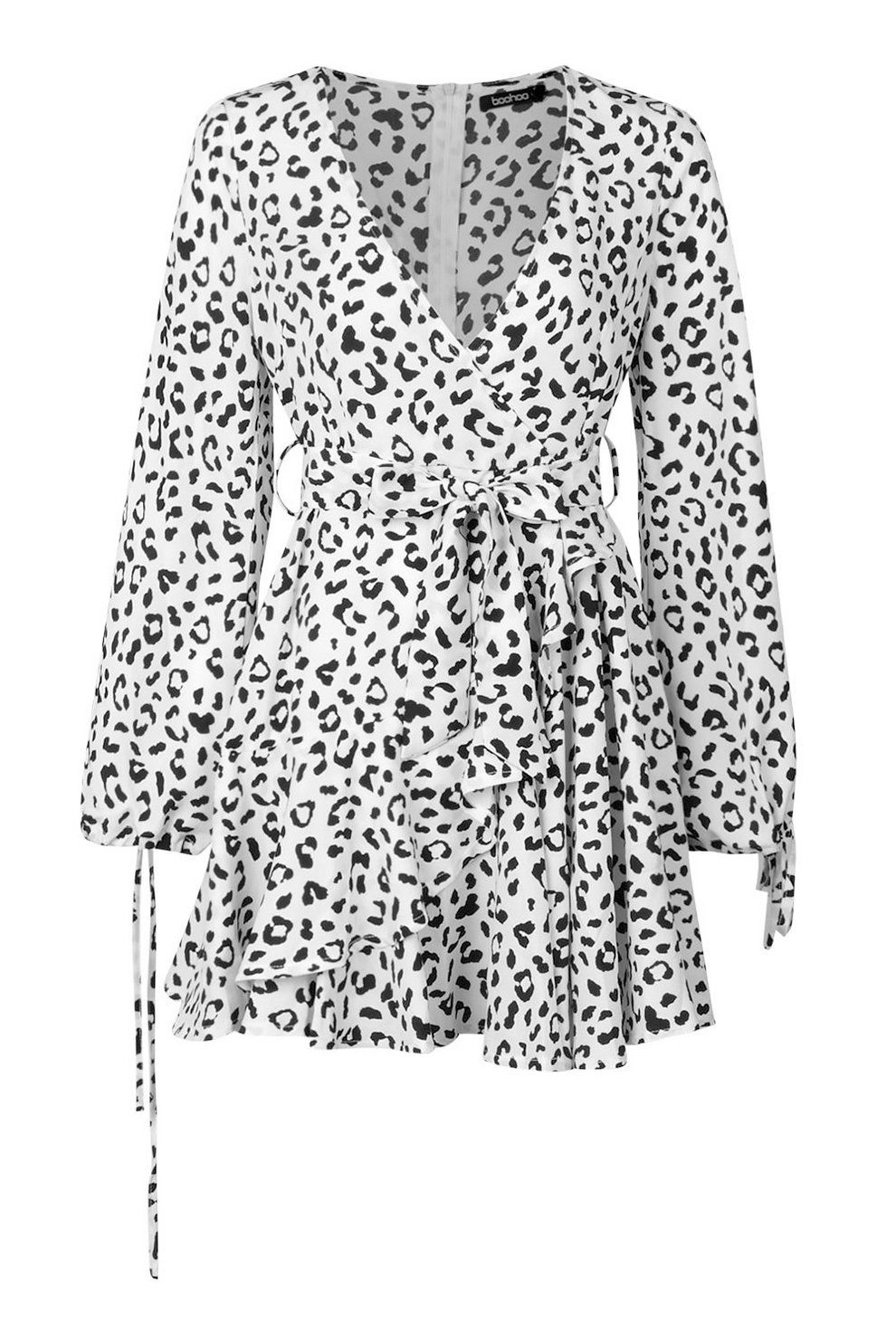 Ruffle Front Tie Sleeve Leopard Print Tea Dress | Boohoo.com (US & CA)