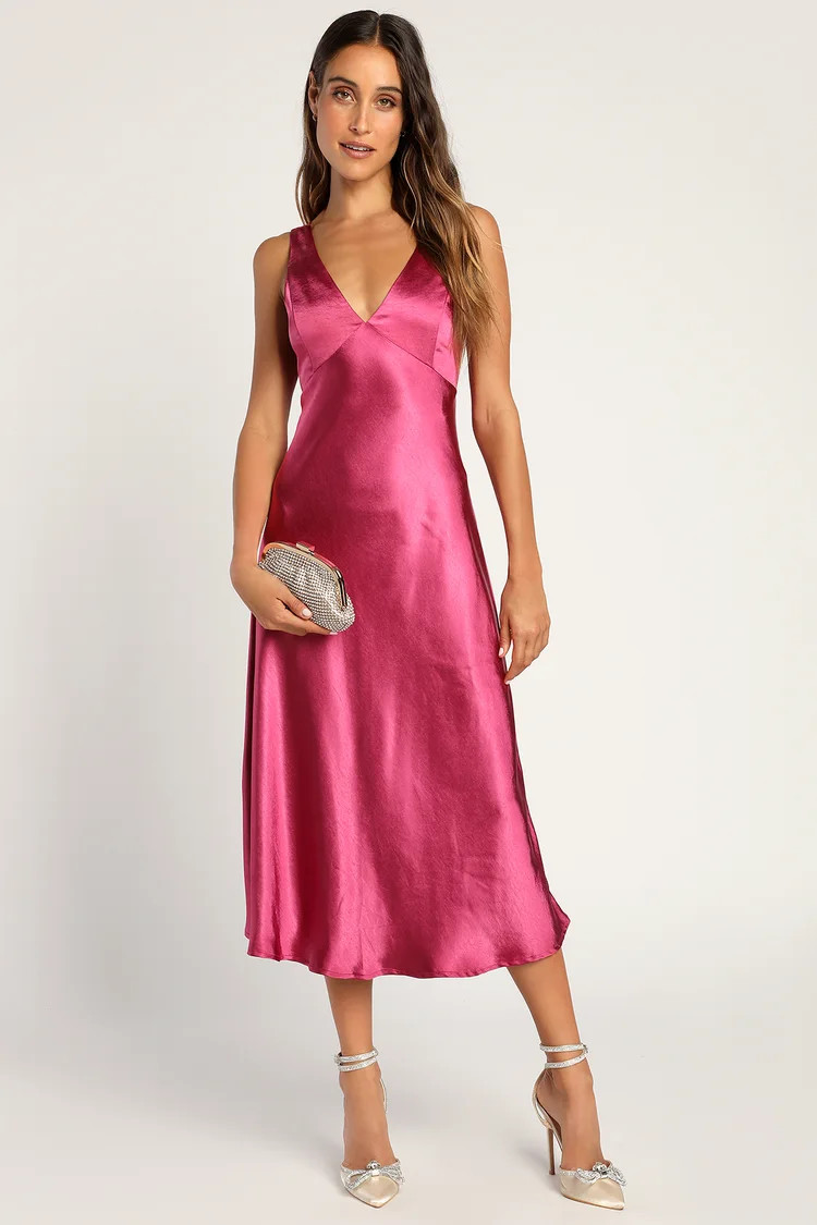 Incredible Love Magenta Satin Cowl Back Midi Slip Dress | Lulus