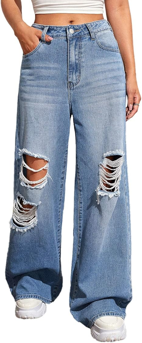 SweatyRocks Women's Casual Loose Ripped Denim Pants Distressed Wide Leg Jeans | Amazon (US)