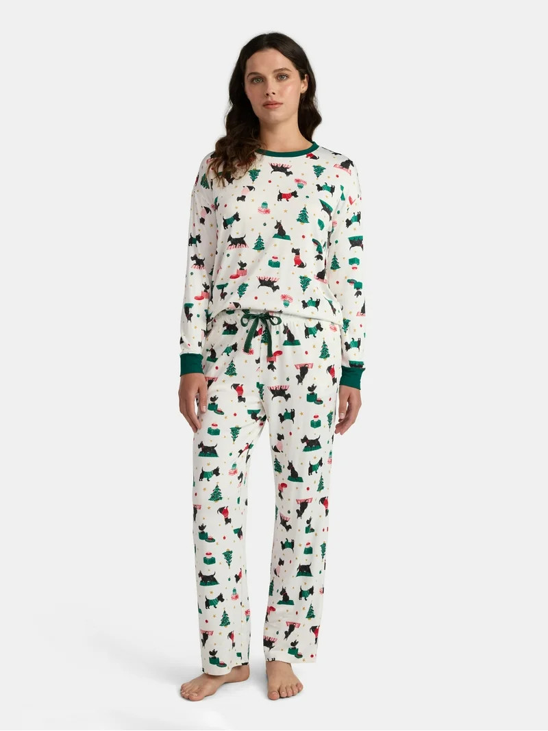 Jaclyn Women's Holiday Long Sleeve Sleep Top and Open Leg Pants Pajama Set, 2-Piece, Sizes S-XL -... | Walmart (US)