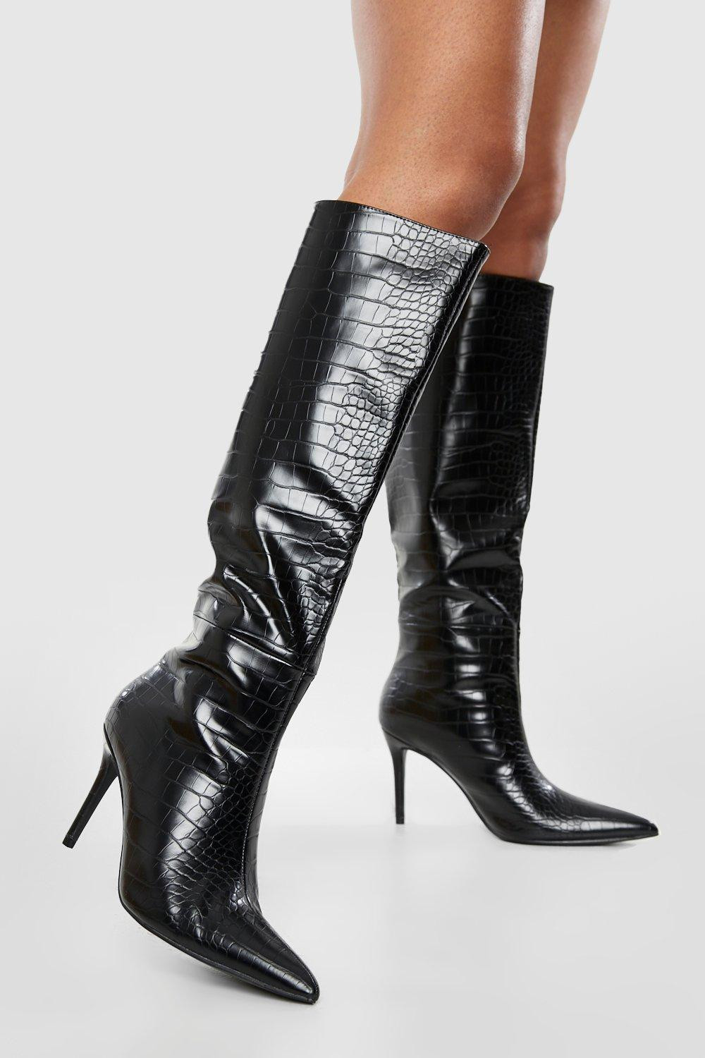 Womens Knee High Mid Height Stiletto Boots - Black - 7 | Boohoo.com (US & CA)