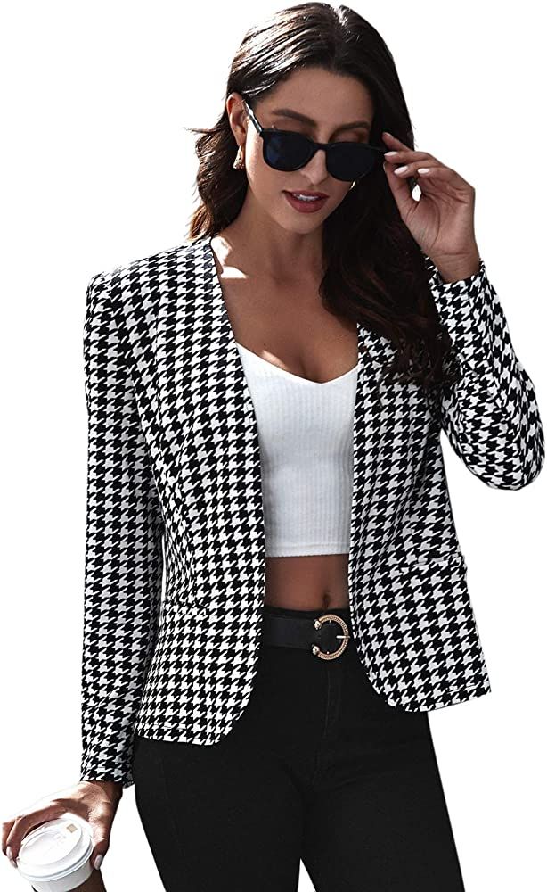 Milumia Women Elegant Open Front Houndstooth Blazer Work Office Jacket Outwear | Amazon (US)