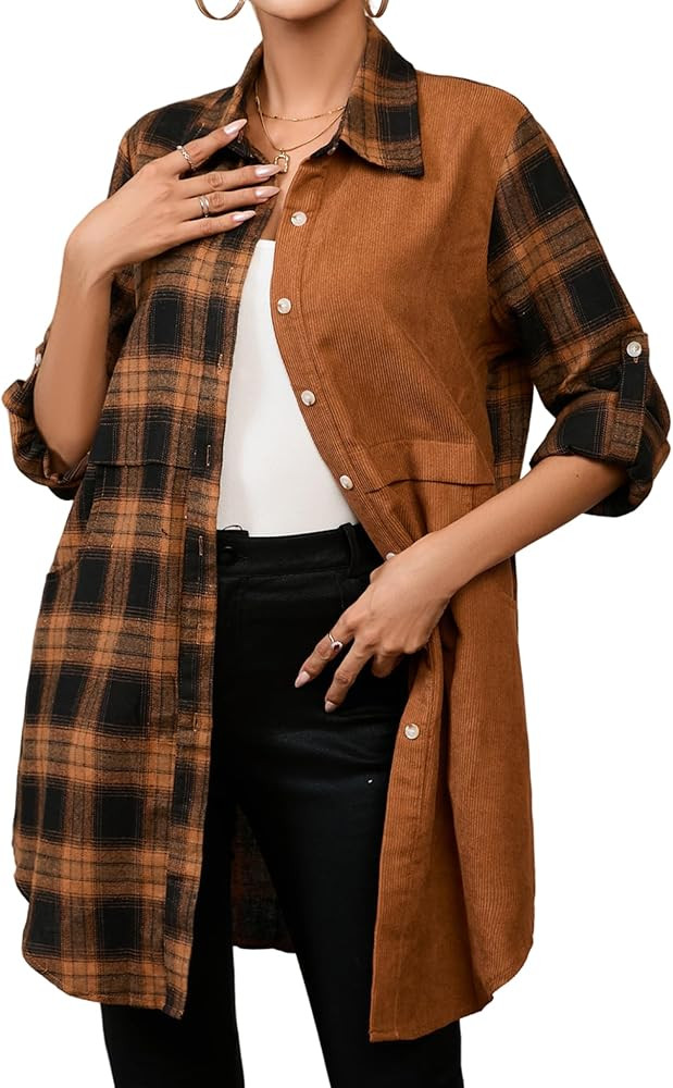 HOTOUCH Womens Flannel Plaid Shirts Roll Up Long Sleeve Mid-Long Casual Boyfriend Shirts with Poc... | Amazon (US)