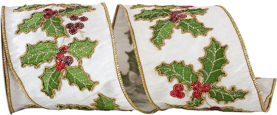 Ribbon - Holly Leaves Sequin Embroidered Dupioni Wired Edge Ribbon, White, 4 Inch, 5 Yards | Amazon (US)