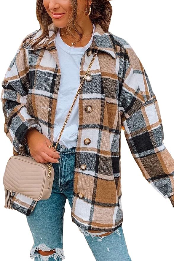 Lentta Women's Flannel Plaid Shacket Jacket Casual Fall Wool Blend Button Up Shirt Coat | Amazon (US)