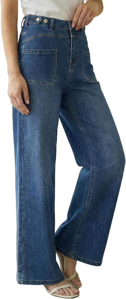 Arach&Cloz Women's Lyocell Blend Adjustable Waist Fall Wide Leg Jeans | Amazon (US)