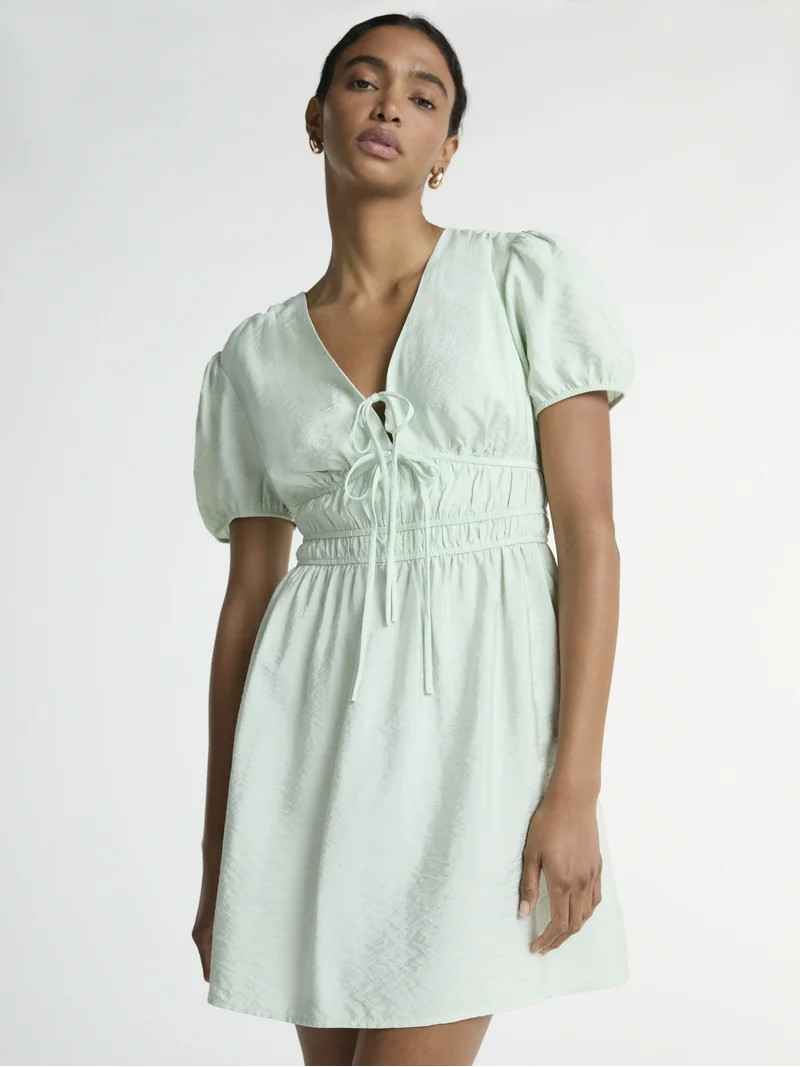 Scoop Women’s Mini Tie Dress with Puff Sleeves, Sizes XS-XXL | Walmart (US)