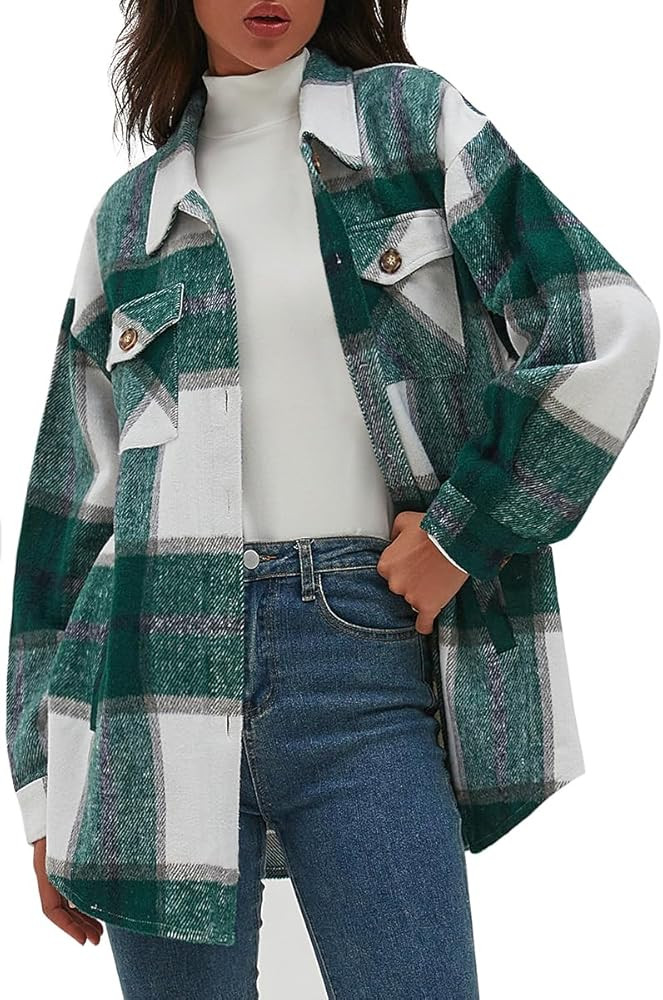 CHYRII Women's Casual Flannel Plaid Shacket Button Down Long Sleeve Shirt Jacket Coats with Pocke... | Amazon (US)