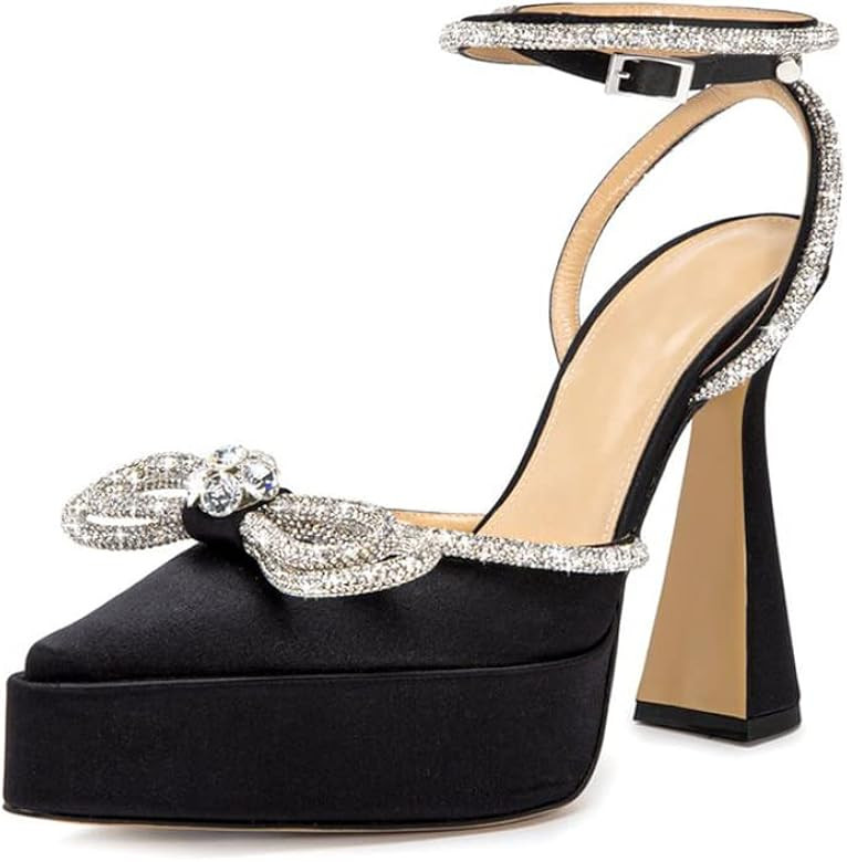 Arqa Diamond Strappy Pumps Rhinestones Double Bow Platform Heels Chunky Heel PVC Wedding Sandals | Amazon (US)