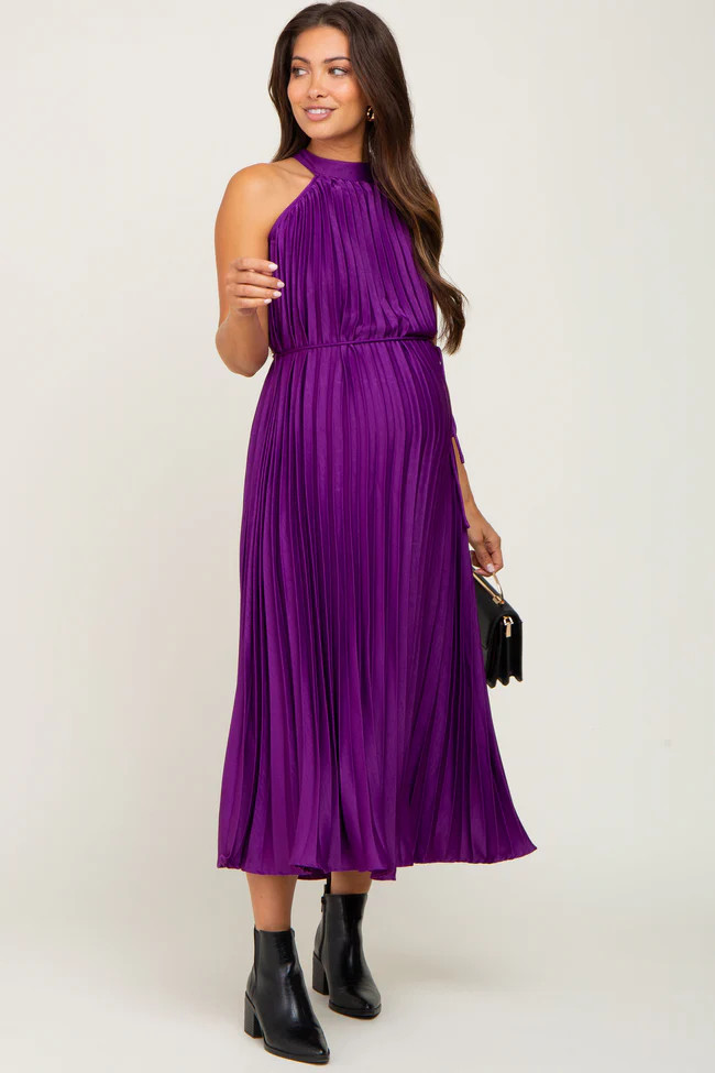 Purple Pleated Maternity Halter Dress | PinkBlush Maternity