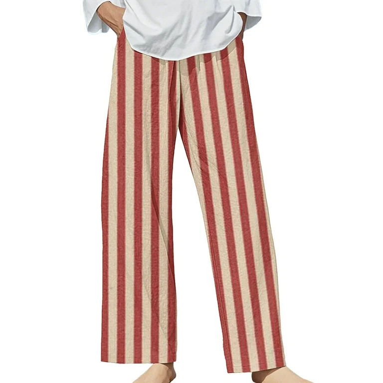 Outfmvch Wide Leg Pants for Women Womens Linen Pants Pull On Pants Drawstring Pants Women Striped... | Walmart (US)