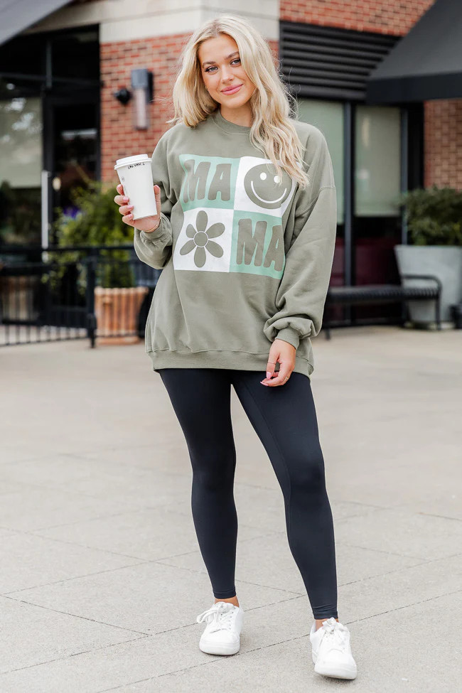 Mama Retro Olive Oversized Graphic Sweatshirt | Pink Lily