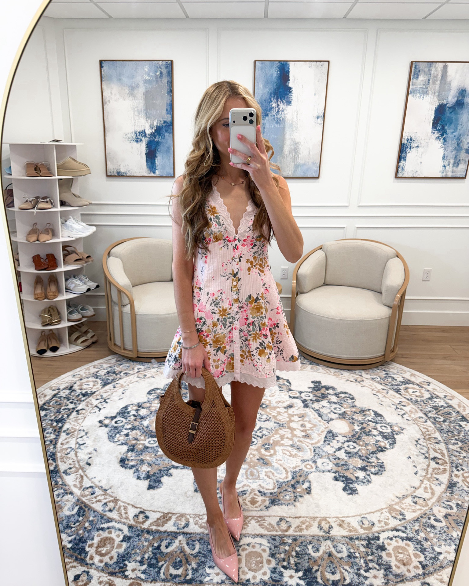 New at @Target! This pink floral lace-trim dress from Target is the most romantic spring dress — lace V-neckline, lace hem, beautiful pleated floral fabric. Pure Love Shack Fancy energy for a fraction of the price. Paired with a woven bag and pink pumps for the full look.