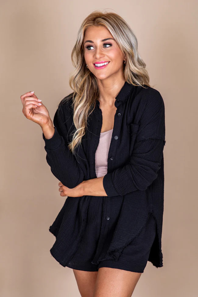 Let Me Adore You Black Button Front Gauze Blouse | Pink Lily