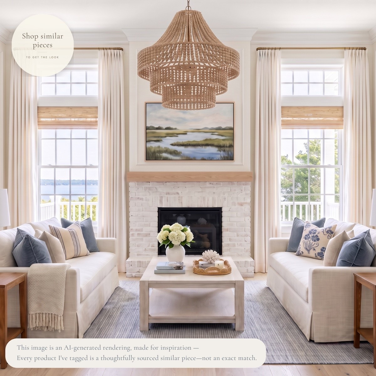 Bright, timeless, and effortlessly inviting, this living room blends classic coastal style with soft neutrals, natural textures, and beautiful light. Slipcovered seating, warm wood, and layered blue accents create a space that feels collected rather than decorated. I've thoughtfully sourced similar pieces to help you bring this relaxed, classic look into your own home. 🤍

AI-generated design concept for inspiration • Tagged products are thoughtfully sourced similar pieces, not exact matches • Affiliate links may be used. As an Amazon Associate, I earn from qualifying purchases.

#LTKHome

#LTKHome