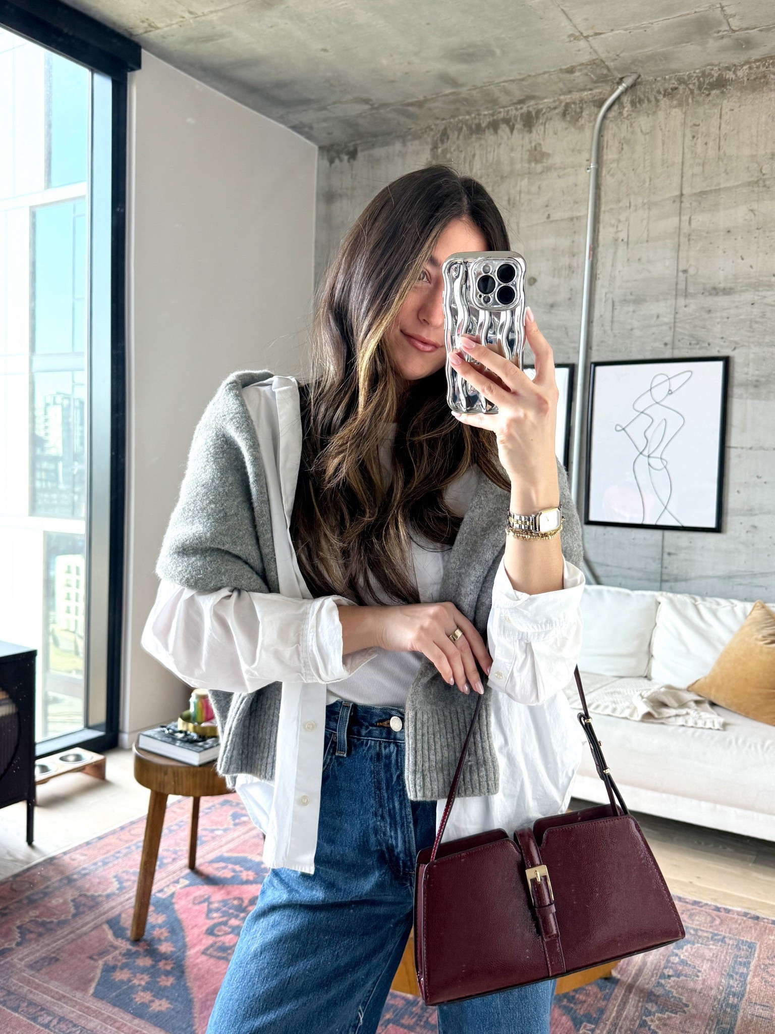 Layered neutrals will always have my heart 🤎 A crisp white button-down, cozy gray knit, and classic denim—finished with a timeless burgundy bag. Easy, elevated, and perfect for everyday wear. ✨

#LTKgrwm #LTKSeasonal #LTKootd
