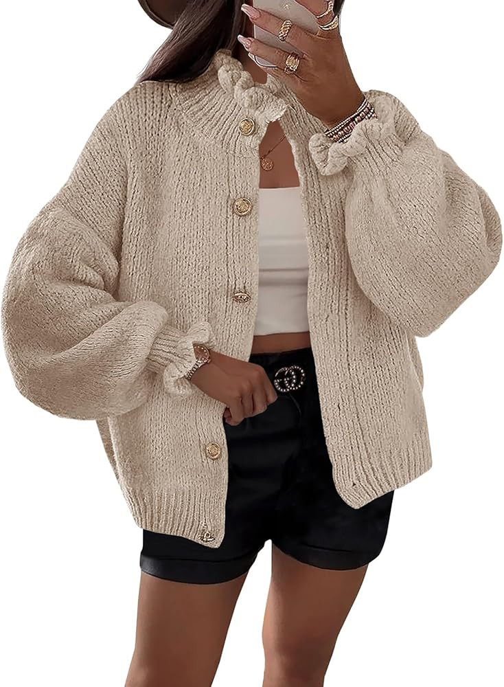 Saodimallsu Womens Ruffle Cardigan Oversized Button Up Fall Trendy Ribbed Knit Open Front Long Sl... | Amazon (US)