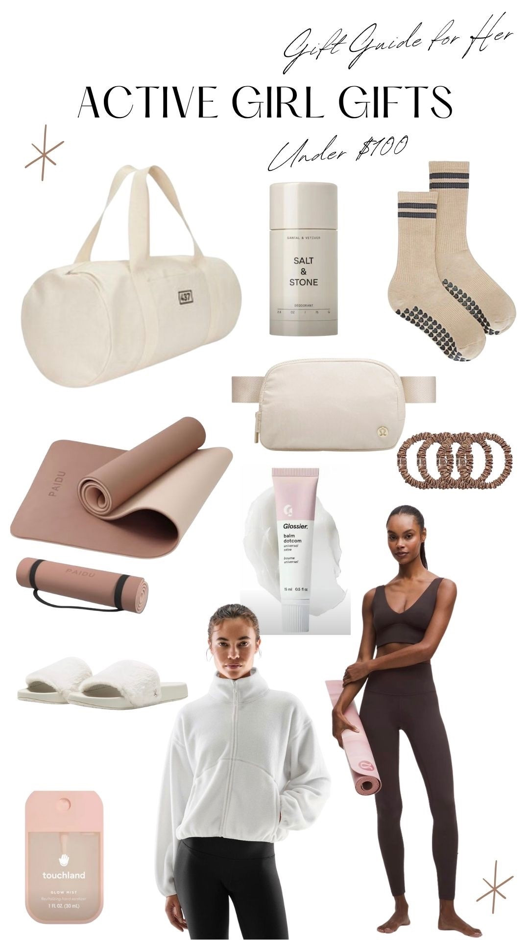 Gifts for an active girl! Perfect for anyone who likes to stay active or starts a new resolution in the new year (under $100)
#active #gift #gifts #giftsforher #under100 #giftsunder100 #workout #slippers #yogamat #deodorant #socks #gripsocks #fleece #yogapants #leggins #lipnalm #lukulemon #hairtie 

#LTKActive #LTKFindsUnder100 #LTKGiftGuide