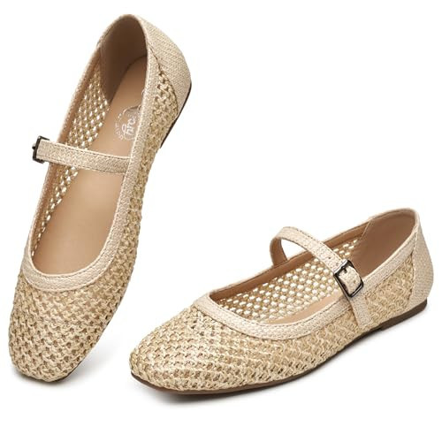 Trary Mary Jane Shoes Women Woven Flats for Women Ballet Flats Shoes Squared Toe Mary Jane Flats Ankle Strap Dressy Comfortable Beige Size 11 | Amazon (US)