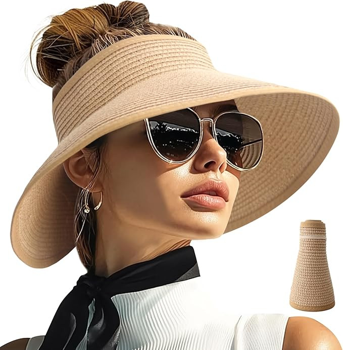 PFFY Sun Visors Hats for Women Wide Brim Straw Visor Packable Foldable Ponytail Travel Beach Hat ... | Amazon (US)