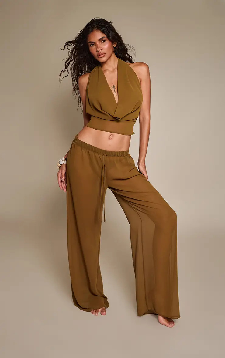 Olive Chiffon Wide Leg Trousers | PrettyLittleThing UK