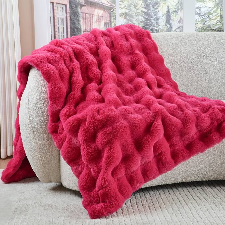 Krifey Hot Pink Bubble Blanket for Women, Soft Cloud Touch Bed Throw, Cozy Fuzzy Plush Thick Warm... | Amazon (US)