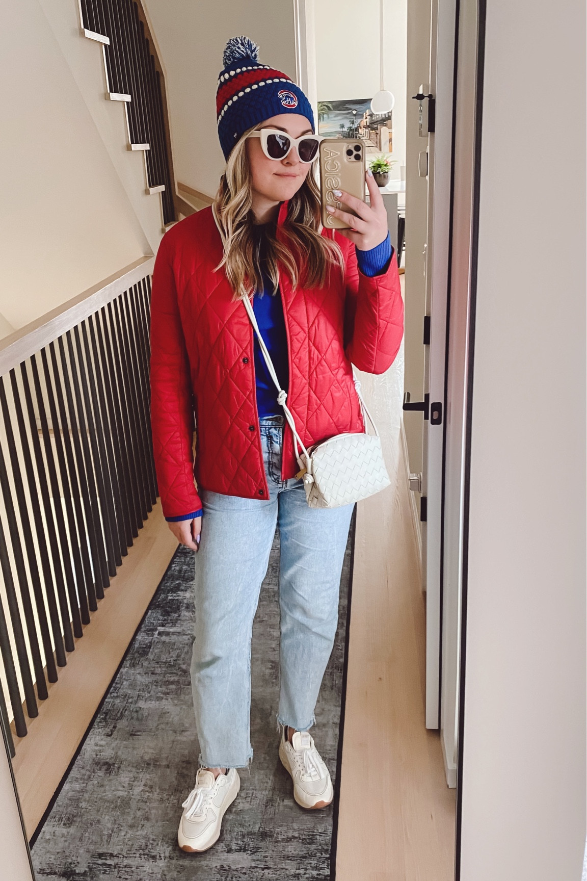 Chicago Cubs Game Baseball Outfit ⚾️🧢

Red Quilted Barbour Coat — a few years old, but I linked similar styles. Bright blue sweater. 

Affordable straight leg jeans with some stretch! True to size.

Amazon woven crossbody bag with Bottega vibes.

Golden Goose Running Sole sneakers, but linked a similar style under $100. The GGs run big - size down!! I’m usually a 39 in Super Stars and took a 38 in these. 

#LTKitbag #LTKSeasonal #LTKstyletip