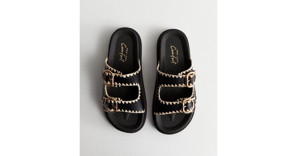 Black Whipstitch Chunky Sliders | New Look | New Look (UK)
