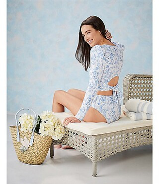 x Born on Fifth Blue Bird St. Tropez Puff Shoulder Long Sleeve Cropped Rashguard Swim Top | Dillards