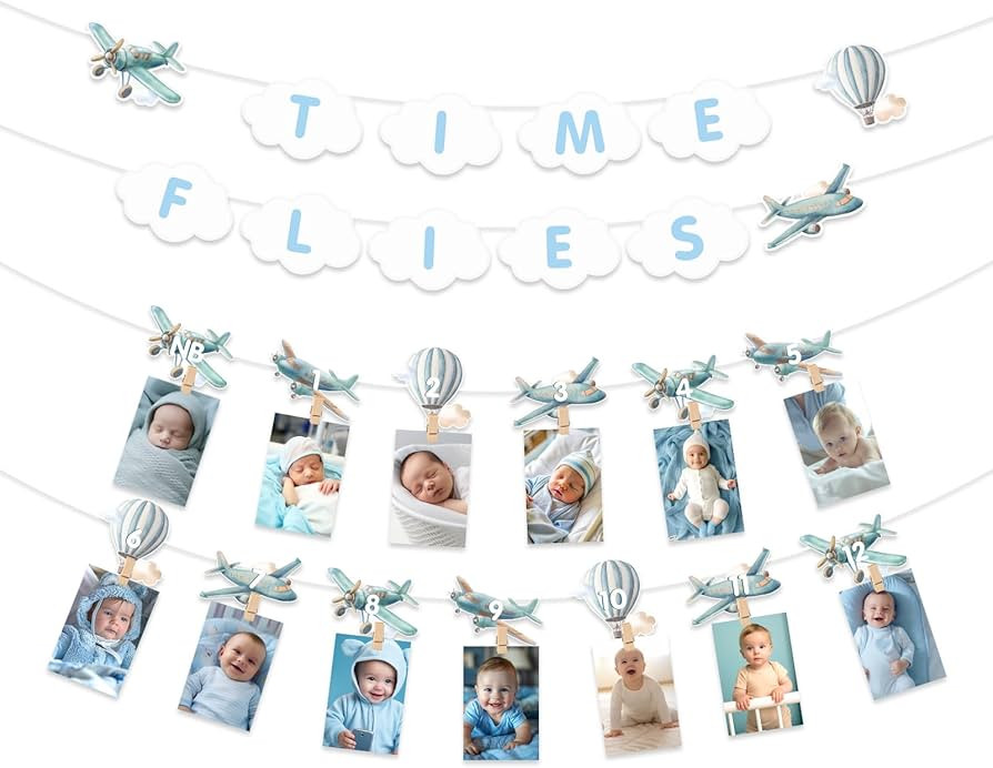 Kreatwow Airplane 1st Birthday Party Decoration Time Flies Banner Airplane Photo Banner Time Flie... | Amazon (US)