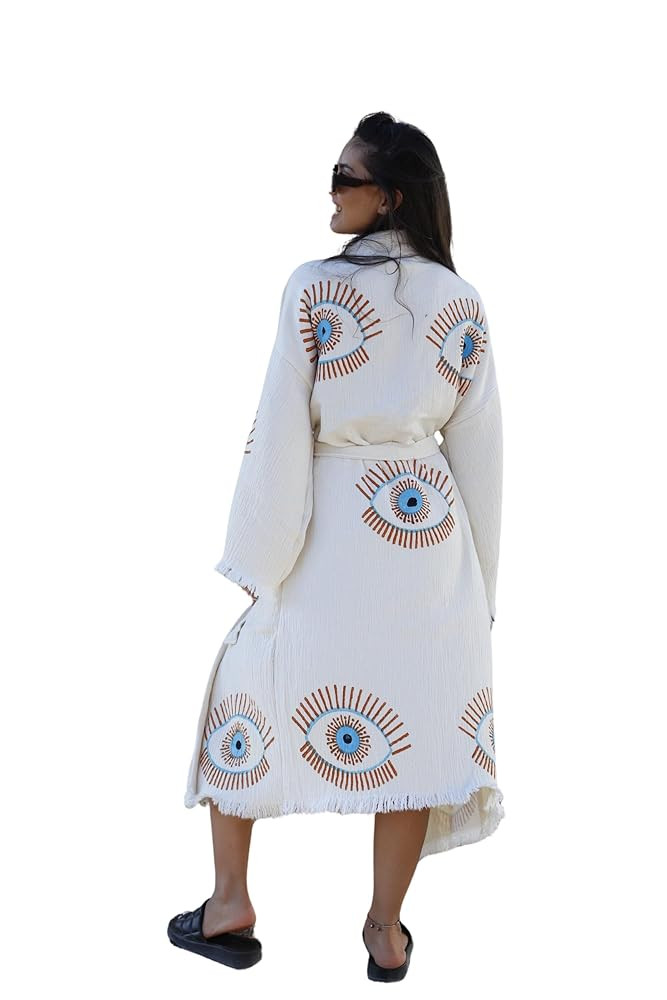 Fringes Muslin Kimono, Evil Eye Cotton Robe, Cotton Kaftan | Amazon (US)