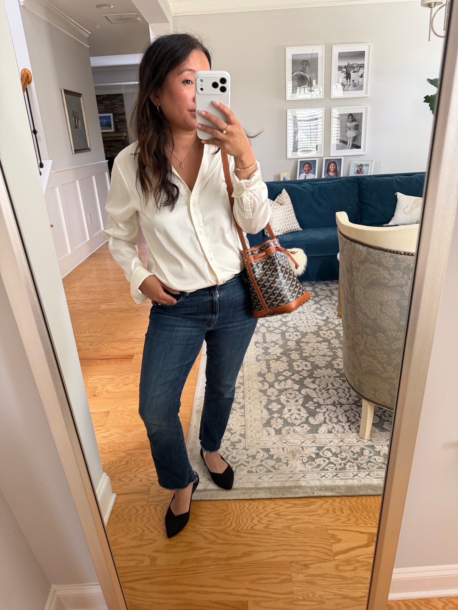 Every day classic polished look 
Satin blouse -medium 
Straight Leg Denim- size up 1 to 30 
Pointy flats-sized up 1/2 to 7 



#LTKPetite #LTKootd #LTKOver40