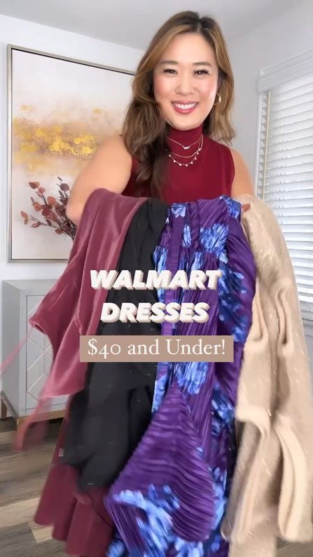 Walmart Dresses
Gold Sparkle: Medium (would prefer Small)
Pleated Floral: Small (runs slightly big)
Black Wrap Dress: Small
Velvet Plum Dress: Medium