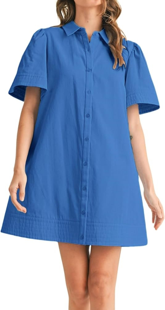 Womens Short Sleeve Button Down Mini Shirt Dress Lapel Collar Short Dresses with Pocket | Amazon (US)