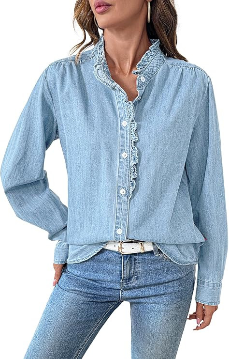 Sidefeel Womens Denim Shirt Button Down Long Sleeve Ruffled Edge Jean Blouses Tops | Amazon (US)