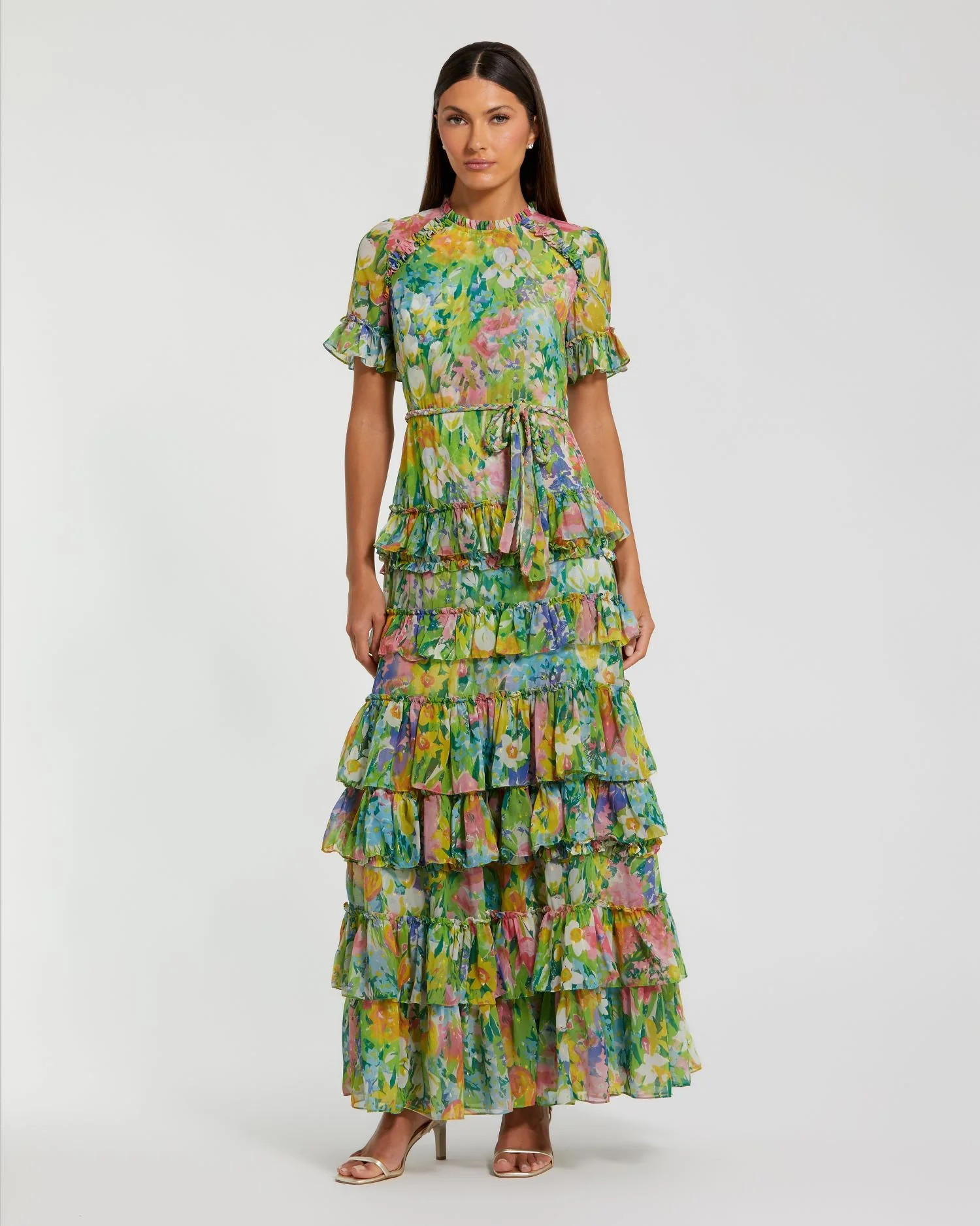 Green Floral Printed Chiffon Tiered Ruffle Dress | Mac Duggal