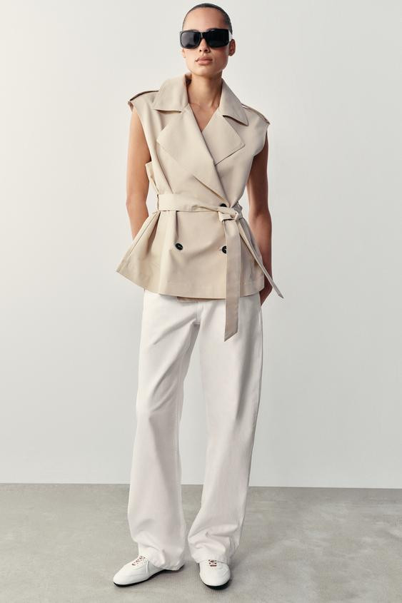 Zara - Double-Breasted Belted Vest - Sand / Marl - L - Woman | Zara US